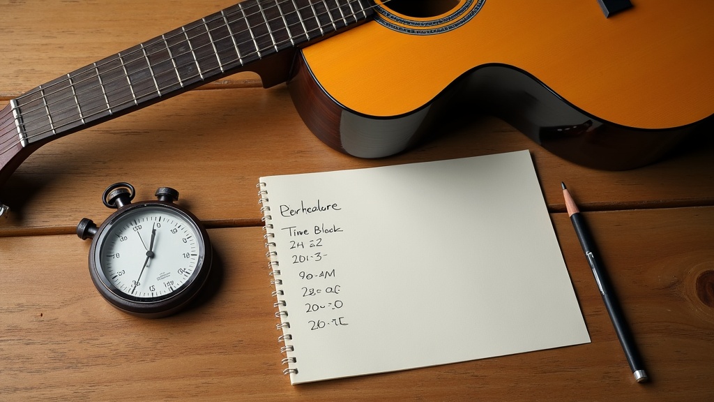ギター練習の時間配分を示すストップウォッチと手書きメモの俯瞰写真