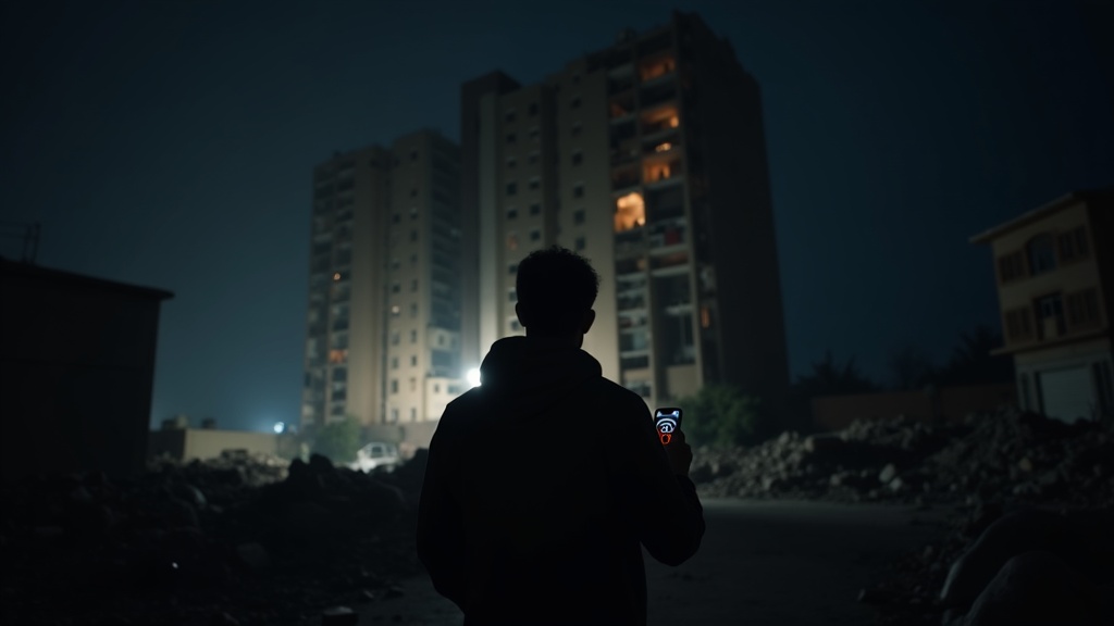 大規模災害時にスマートフォンの電波が途絶えて困惑する人物のシーン