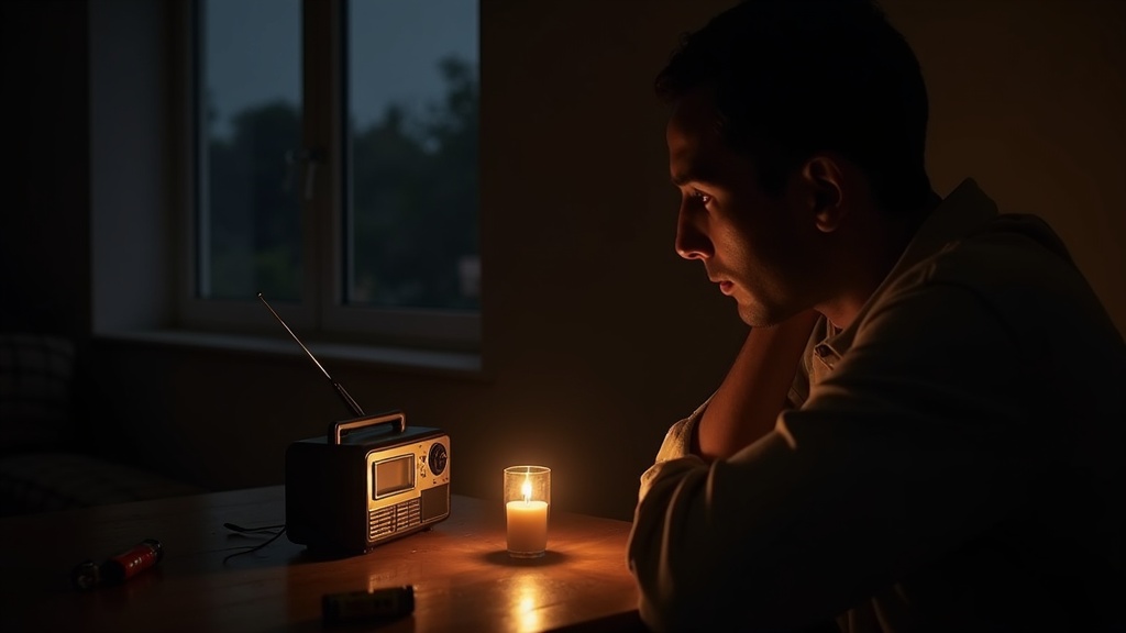 停電した室内で手回し充電式防災ラジオを使って避難情報を収集する人物