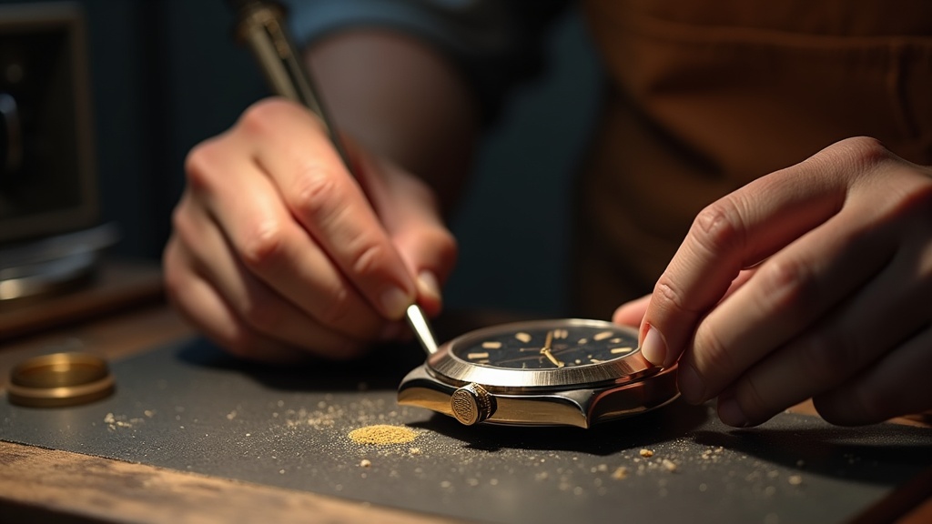 グランドセイコーの職人技：ルーペを使いヘアライン仕上げと鏡面仕上げを施す日本人時計職人のクローズアップ