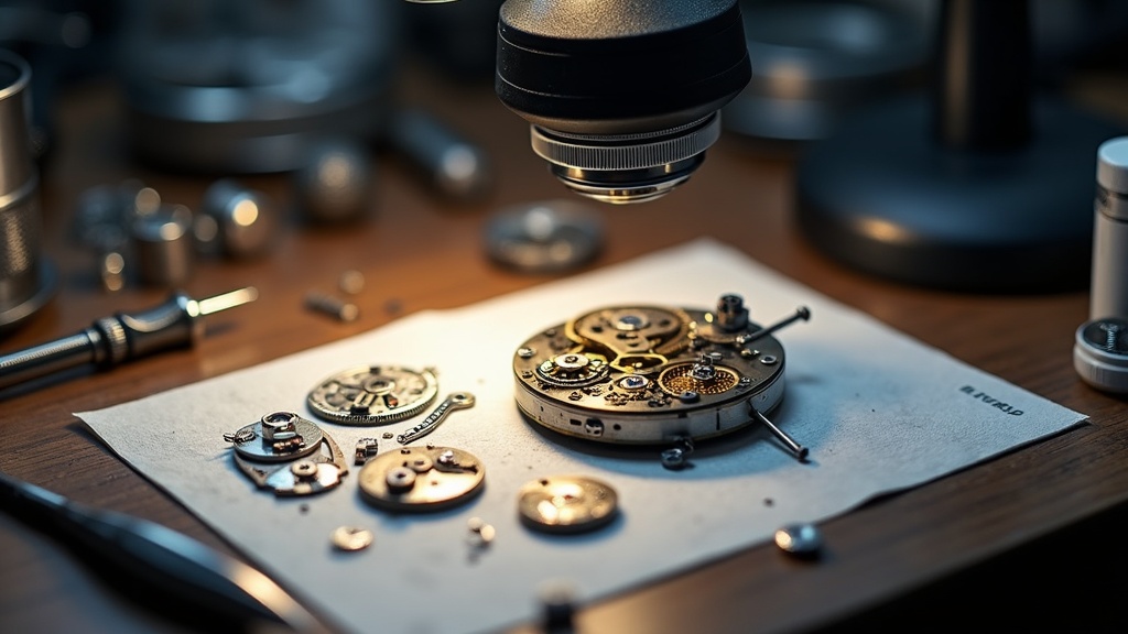 機械式腕時計のオーバーホール：分解されたムーブメントパーツと工具が並ぶ時計修理工房の作業台