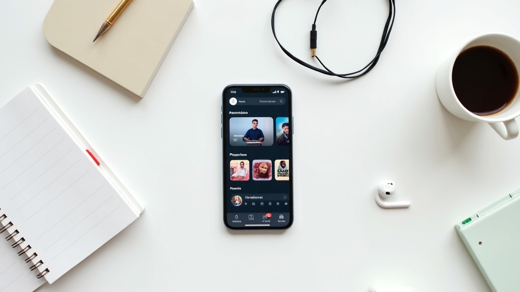 複数のオーディオブックサービスを比較するためのスマートフォンとイヤホンのフラットレイ