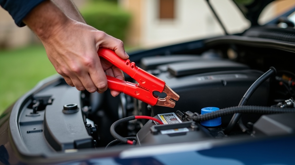 ジャンプスターターの赤いクランプを車のバッテリープラス端子に接続する手順の様子