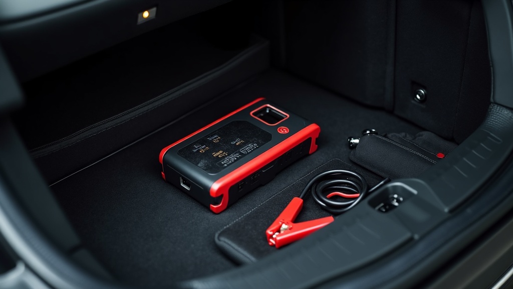 車のグローブボックスに収納されたコンパクトなポータブルジャンプスターターと付属ケーブル