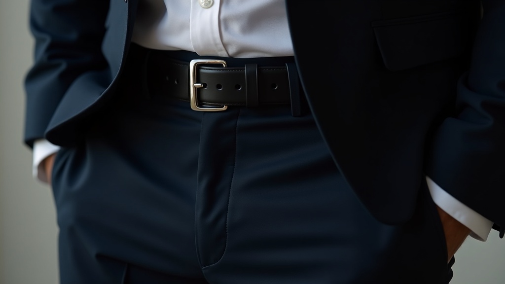ネイビースーツ着用時の腰元クローズアップ。黒い本革ベルトとシルバーバックルがスーツを引き締める