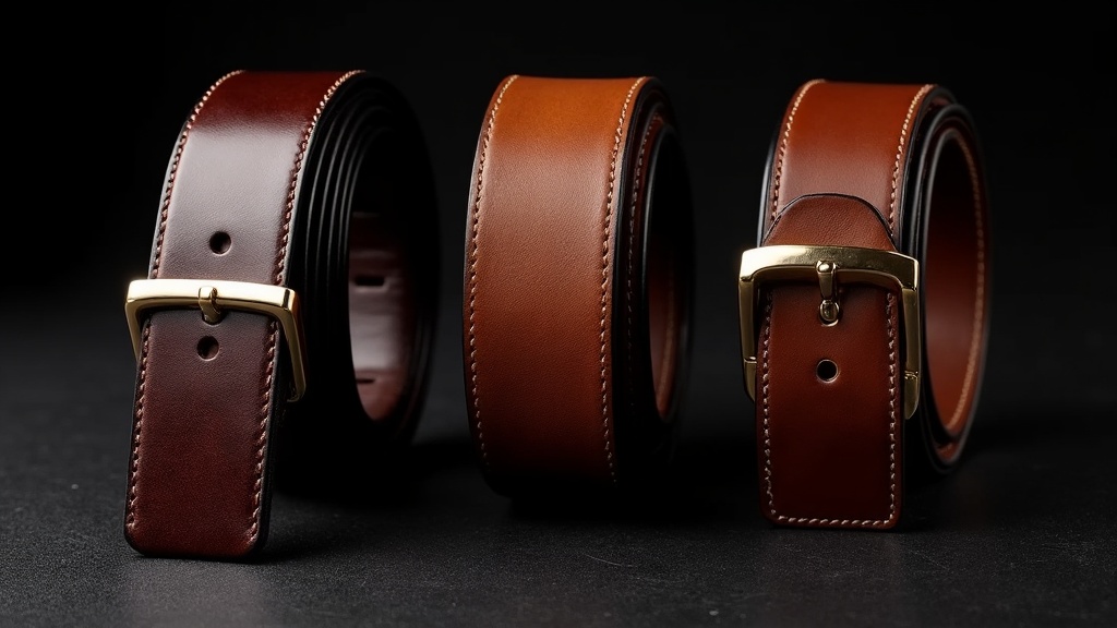 コードバン・牛革・カーフ本革ベルト3本の並べ比較。素材ごとの光沢と質感の違いを示す商品写真