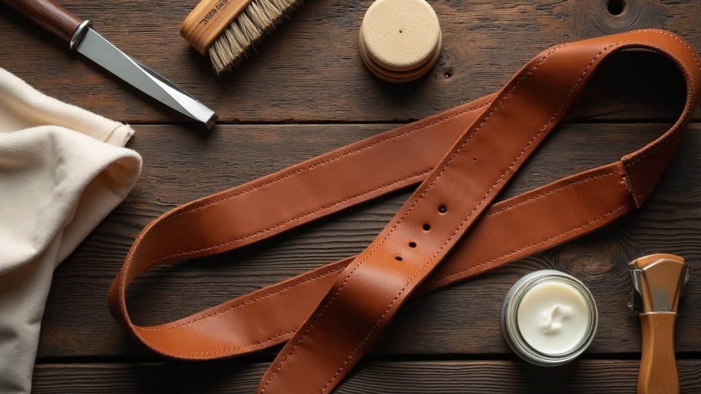 本革ベルトのお手入れ道具一式。馬毛ブラシ・レザークリーム・クロスを木製デスクに並べたフラットレイ