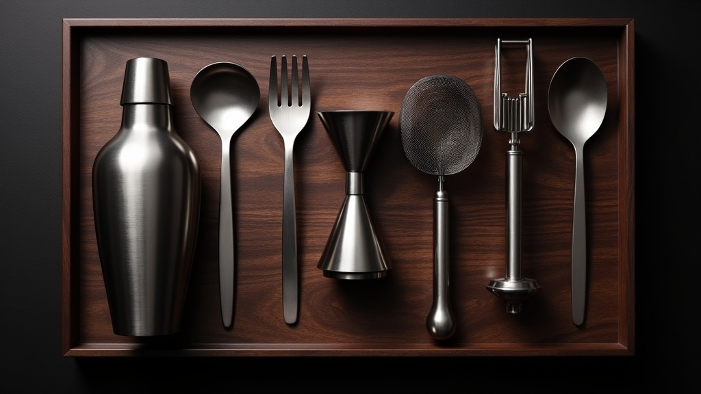 シェイカー・メジャーカップ・バースプーンなど自宅バーに必要なバーツール7点をトレイに並べた全体像