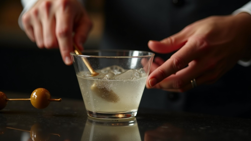 ミキシンググラスでマティーニをバースプーンでステアする手元。自宅で作る本格カクテルのレシピ解説