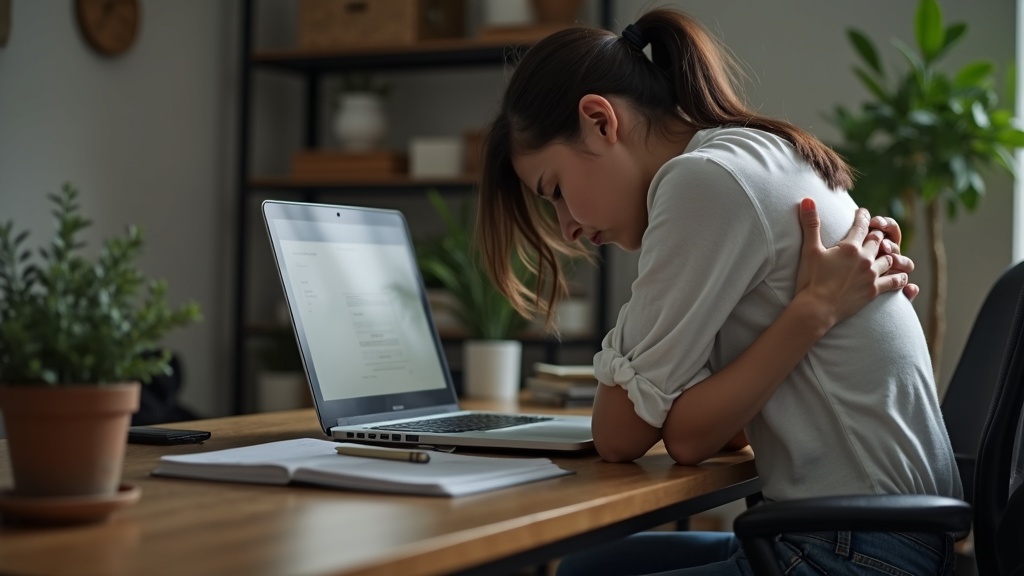 テレワーク中に腰痛・肩こりに悩む人物の前かがみ姿勢