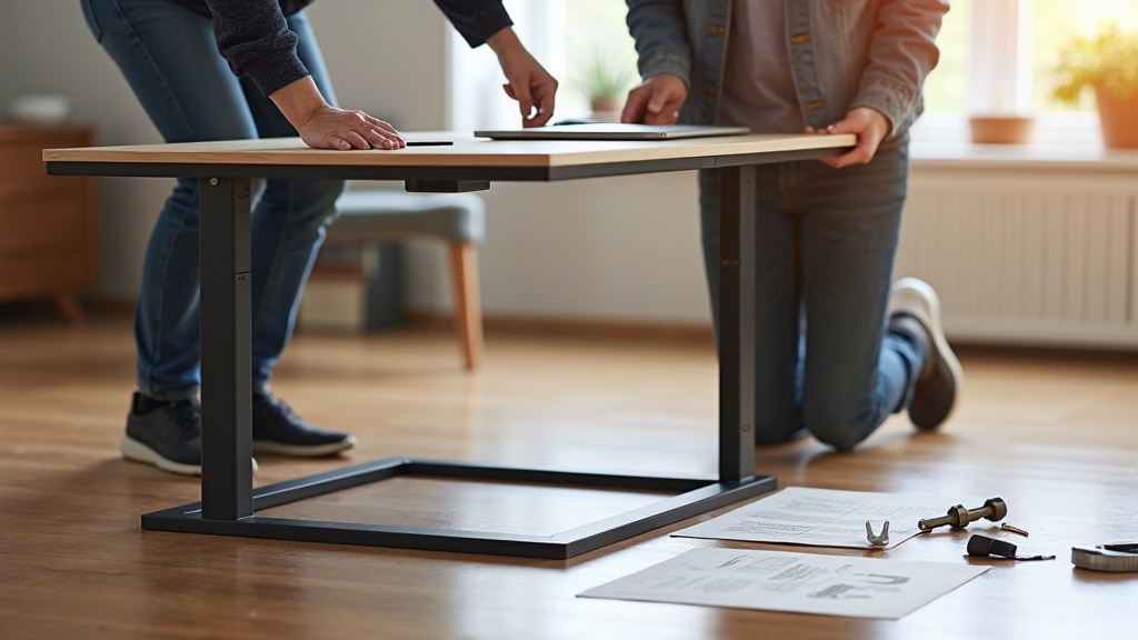 電動昇降デスクを2人で組み立て・設置している作業シーン