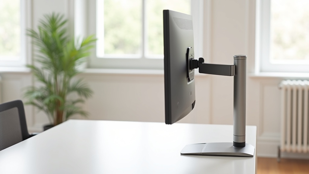 白いデスクに取り付けられたシングルモニターアームが大型モニターを支えているサイドビュー