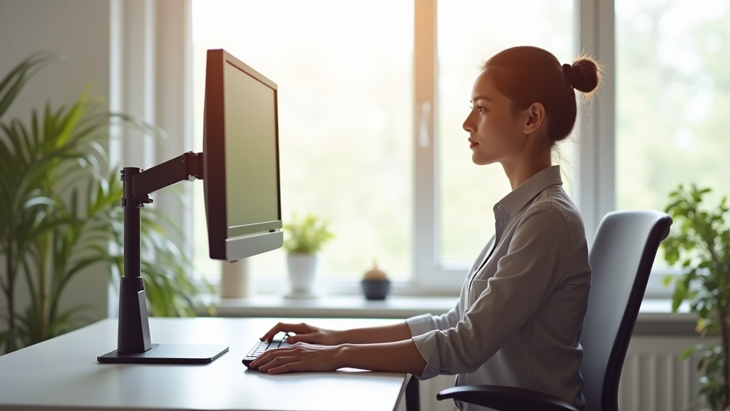 モニターアームでモニターを目線の高さに配置し正しい姿勢で作業する人物のサイドビュー