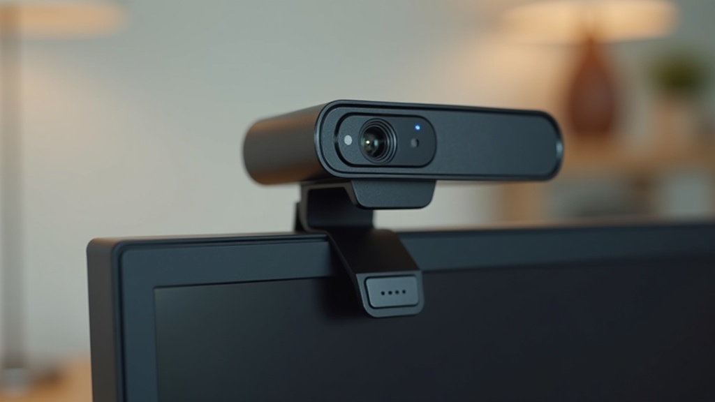 モニター上部に取り付けられたWebカメラのクローズアップ。テレワーク・配信用の実際の設置例