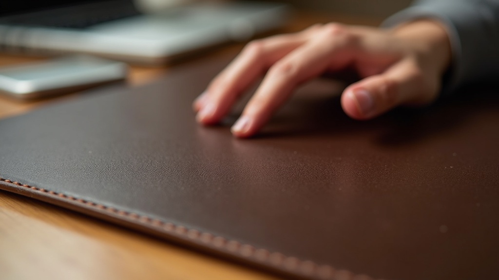 PUレザーデスクマットの表面テクスチャと縫製エッジを近撮りした高品質素材のクローズアップ写真