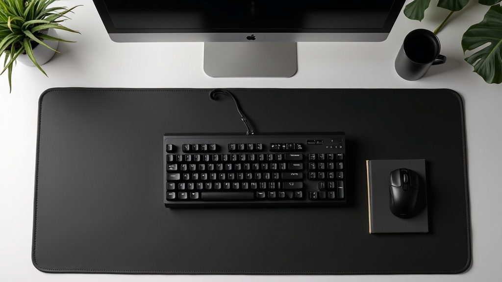 大型クロス製デスクマットにキーボード・マウス・小物をまとめてレイアウトした広々としたデスク環境