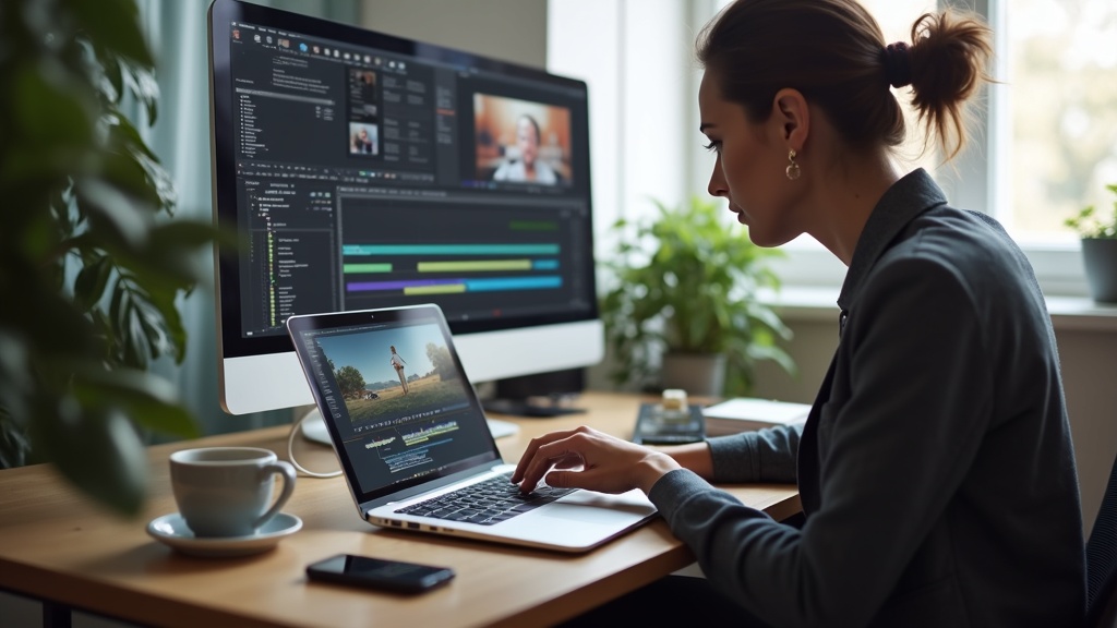 クリエイターがMacBook風ノートPCで動画編集をしている作業風景