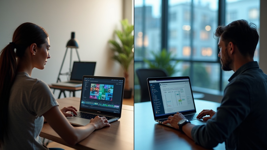 動画編集のクリエイターとビジネス作業のユーザーが異なるノートPCを使う用途別比較イメージ