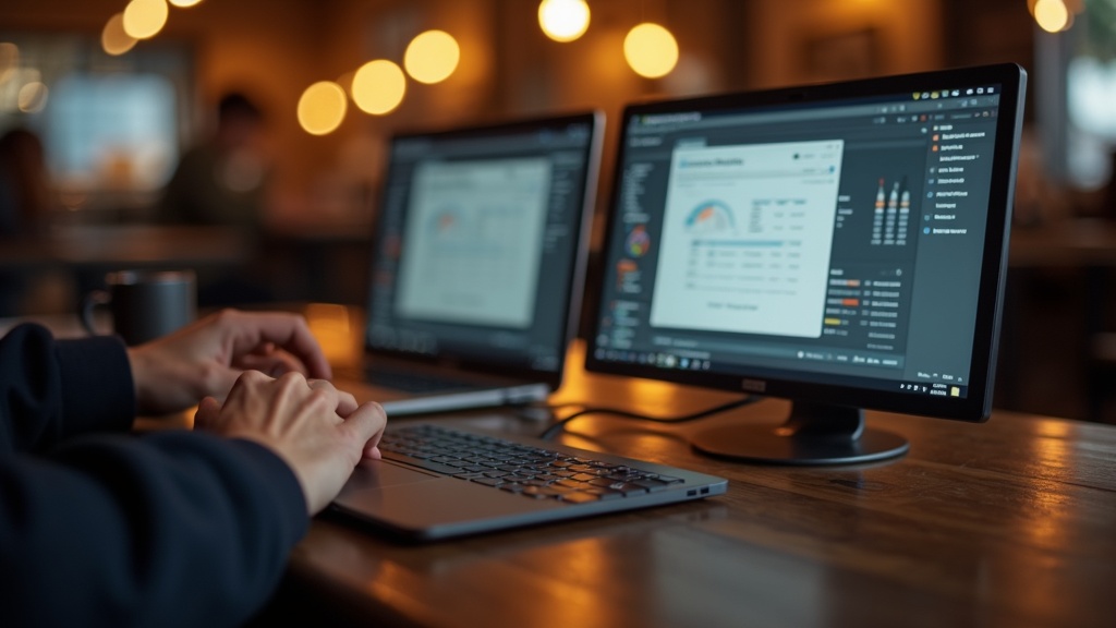 カフェでノートPCとポータブルモニターを接続してデュアルディスプレイで作業する様子