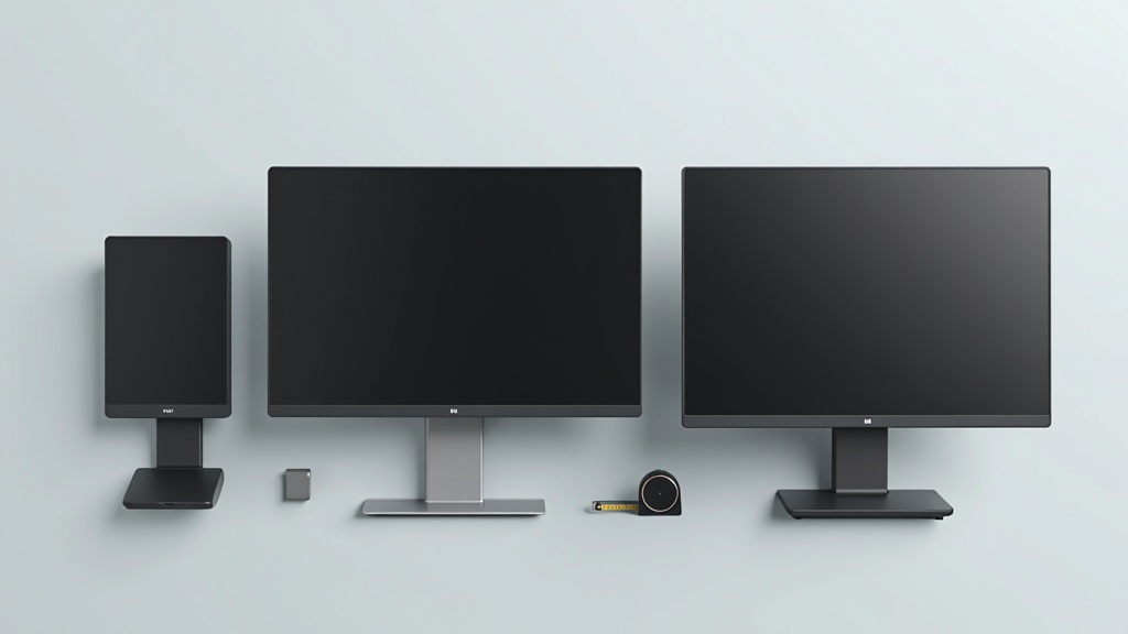 複数のポータブルモニターをサイズ比較のために横並びに配置したフラットレイ