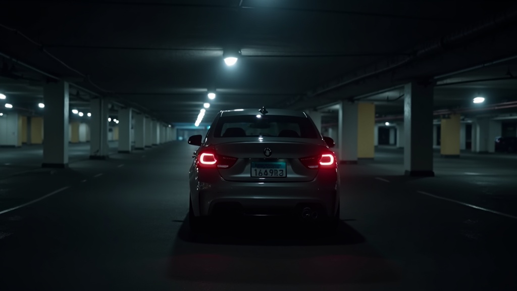 夜間駐車場で駐車監視モードが作動しているドライブレコーダー搭載車両