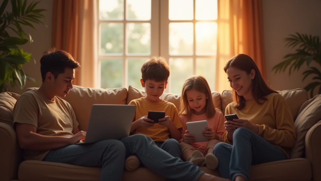 家族がリビングでノートPC・タブレット・スマートフォンをそれぞれ使う複数端末接続のシーン