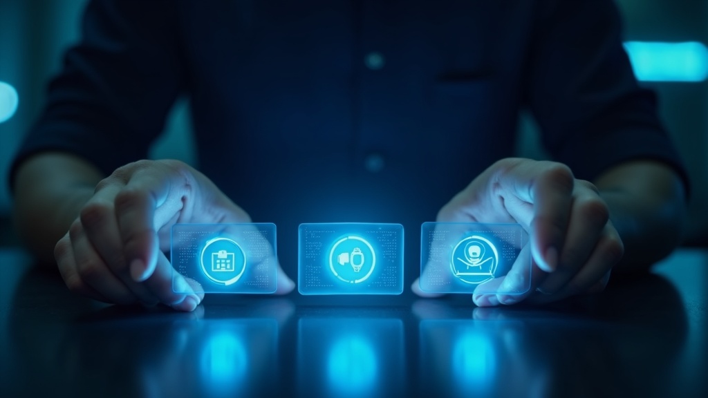 光るホログラムカードを比較する手元のシーン、VPN選択の意思決定イメージ