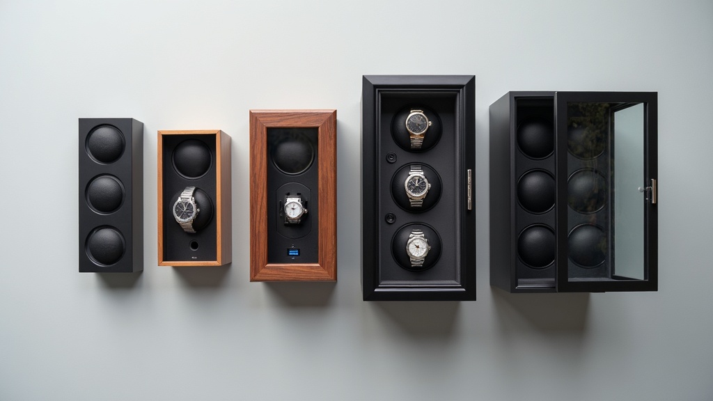 1本用から6本用まで異なるサイズ・素材の時計ワインダーを並べた比較ショット