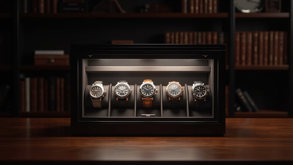 ガラス扉付きの時計ワインダーケースに複数の自動巻き時計が整然と収納・管理されている様子