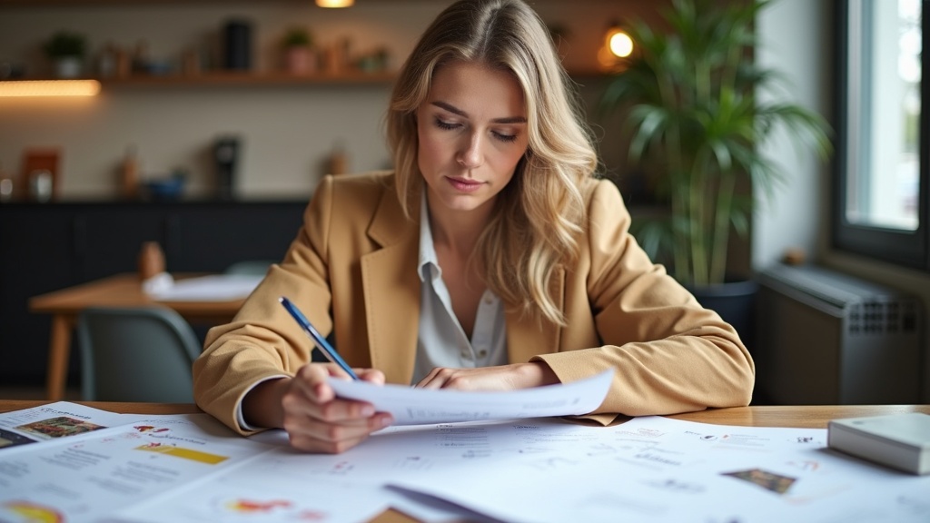 プログラミングスクールの資料を比較検討する女性。失敗しない選び方を慎重に確認しているイメージ