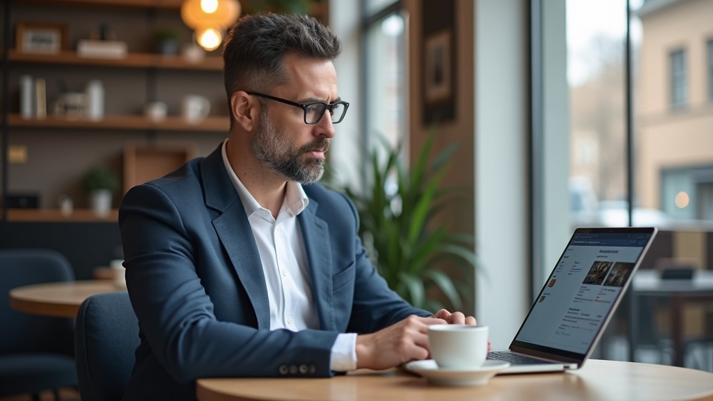 転職を検討する40代男性がプログラミングスクールと求人情報を比較している様子