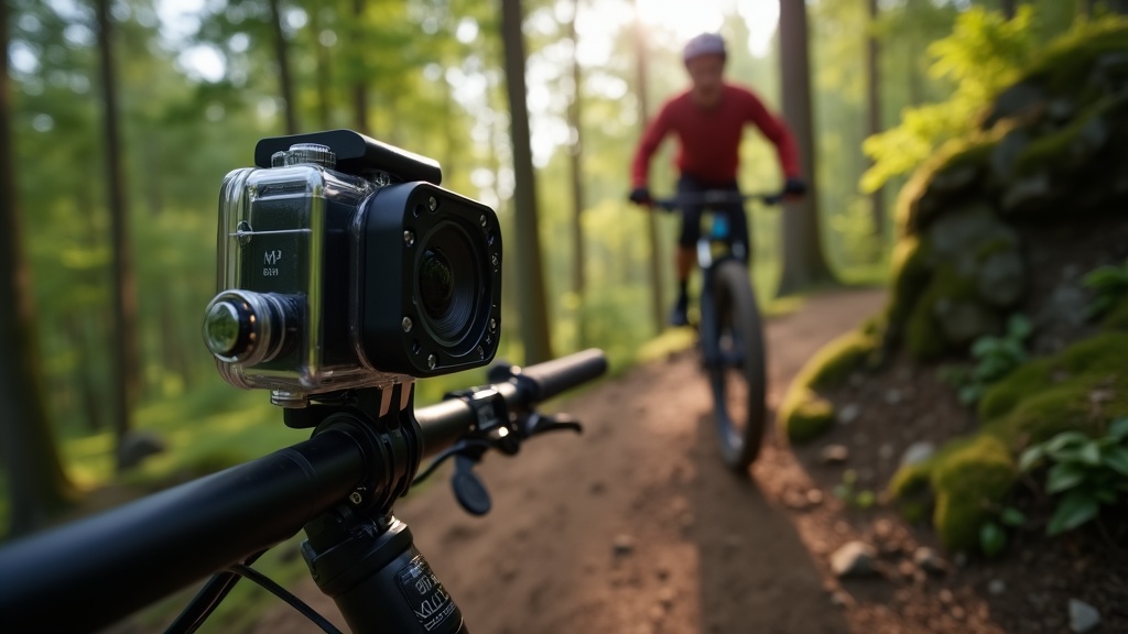 ヘルメットに装着されたアクションカメラでMTBダウンヒルを撮影するシーン