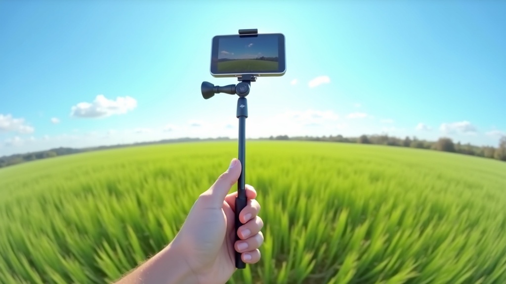 広大な草原で360度アクションカメラを使った見えない自撮り棒撮影のイメージ