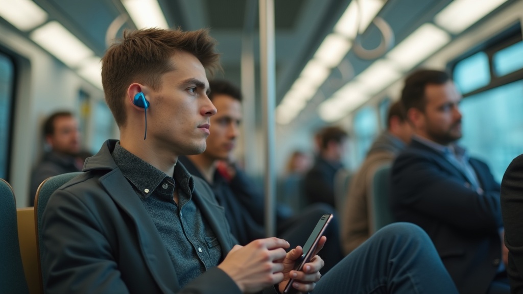 通勤電車の車内でノイズキャンセリングイヤホンを着けてスマートフォンを操作する人物