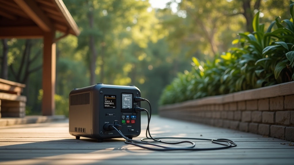 風通しの良い日陰でケーブルを整理して安全に使用中のポータブル電源