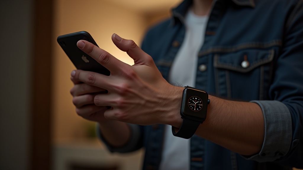 スマートフォンとスマートウォッチの連携を確認する男性の手元