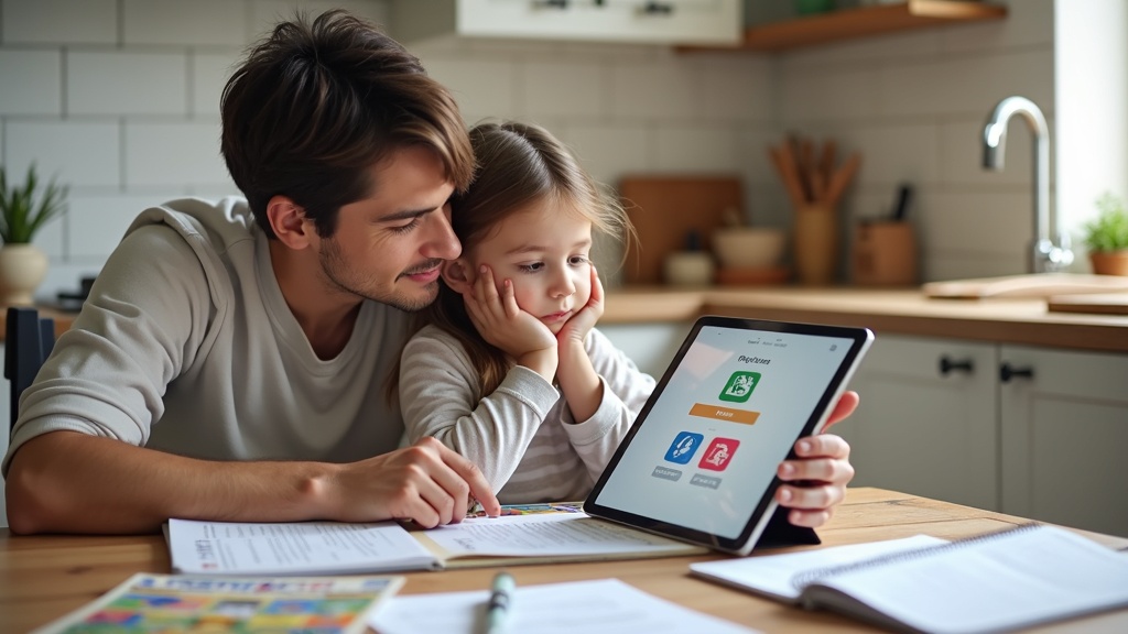 親子でプログラミング教材を比較・選択している場面