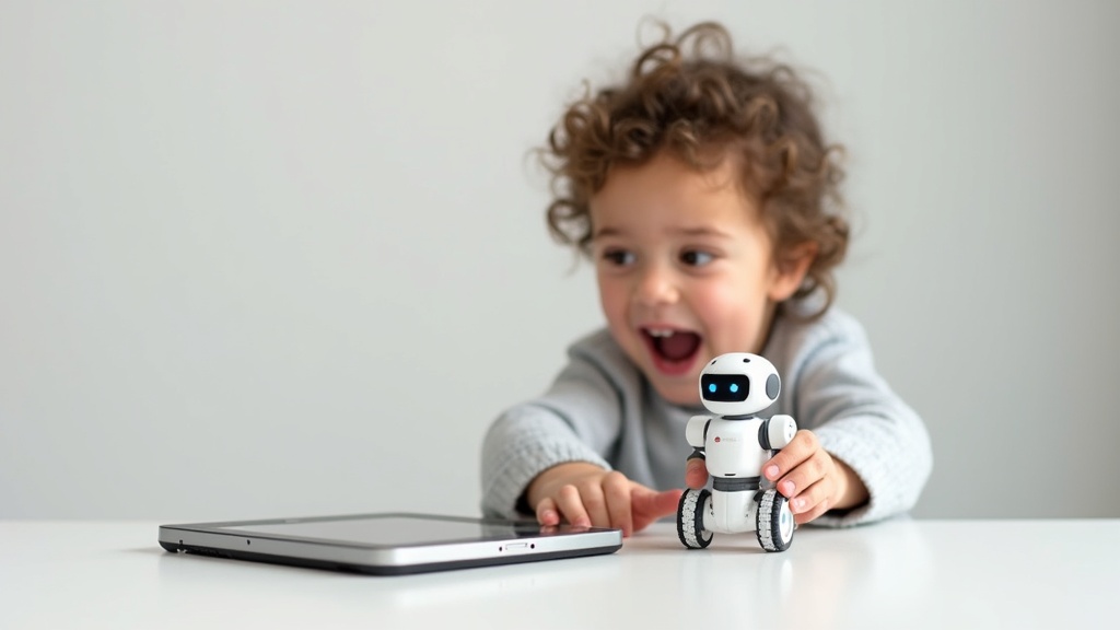 子どもがプログラミングロボットを操作して動作を確認している様子