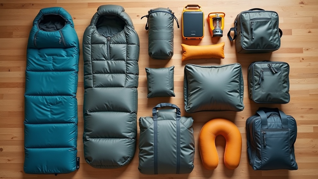 車中泊おすすめグッズ10選をフラットレイで並べた一覧（マット・寝袋・ランタンなど）