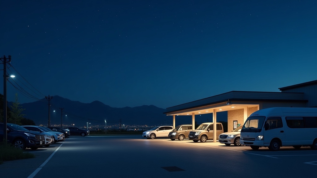 道の駅の夜間駐車場で車中泊している複数の車と満点の星空