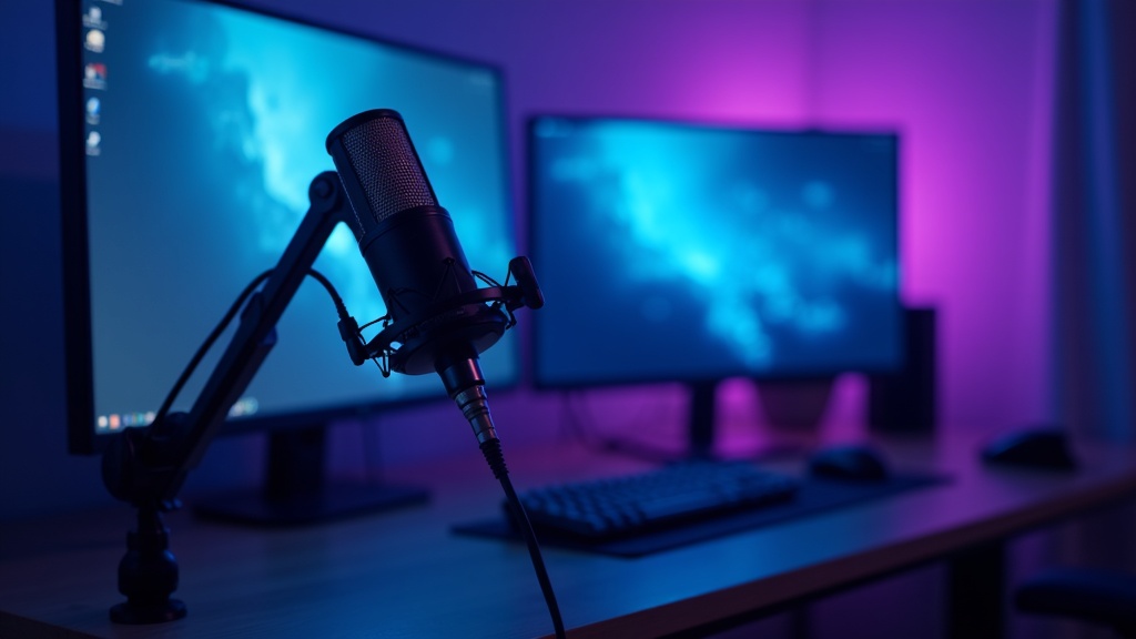 ゲーム配信デスクに設置されたUSBコンデンサーマイクのセットアップ