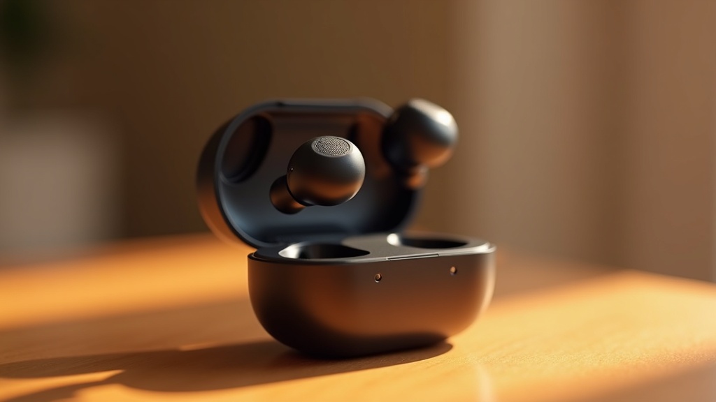 高級完全ワイヤレスイヤホンと充電ケースのクローズアップ製品写真