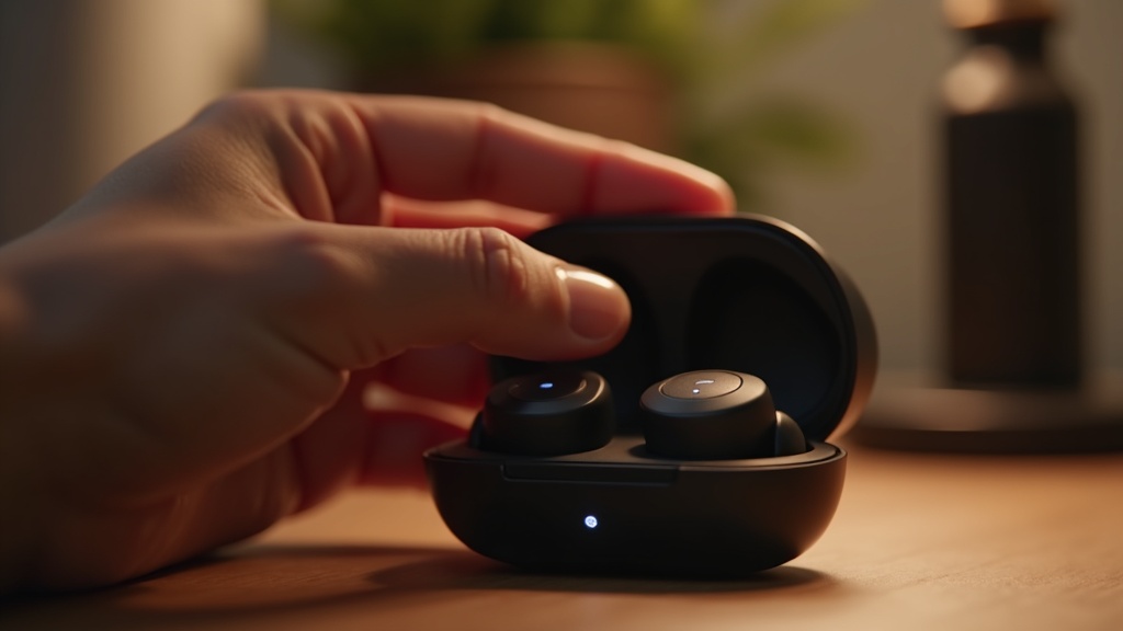 完全ワイヤレスイヤホンを充電ケースに収納する手元の様子