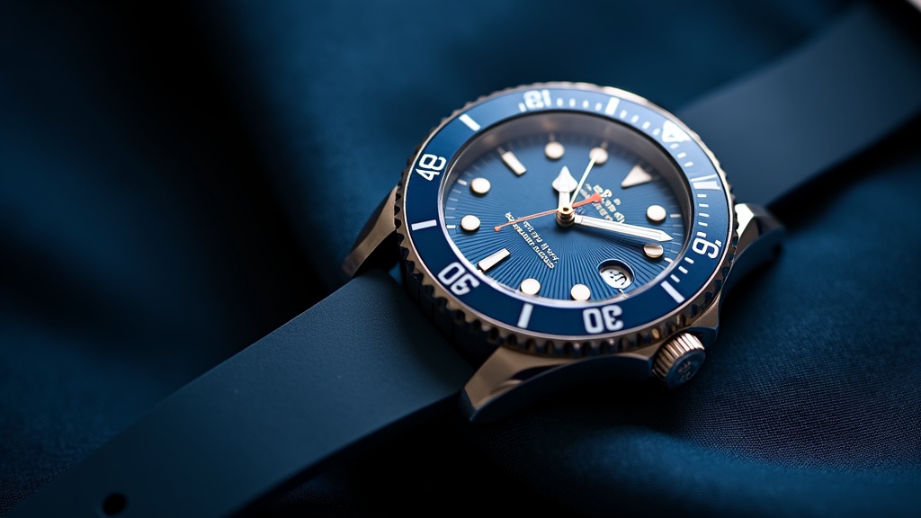 ブルーダイヤルのスイス製ダイバーズウォッチのクローズアップ
