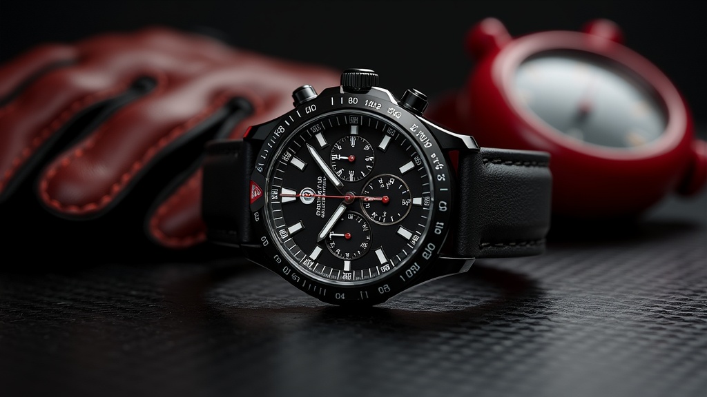 タキメータースケール付きクロノグラフ腕時計とレーシンググローブのスポーティな演出