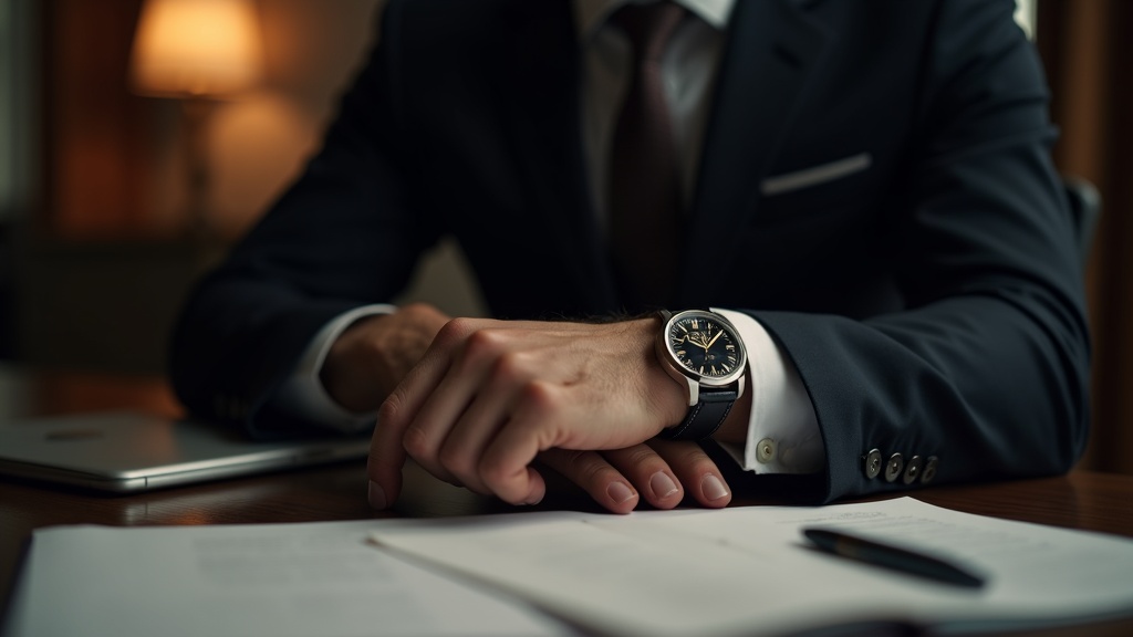 ビジネスシーンでパイロットウォッチを着用するスーツ姿の男性
