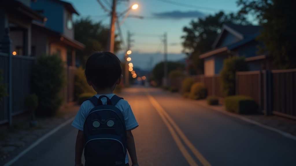 夕暮れ時に一人で帰宅する小学生の後ろ姿。子どもの登下校中の安全問題を表す