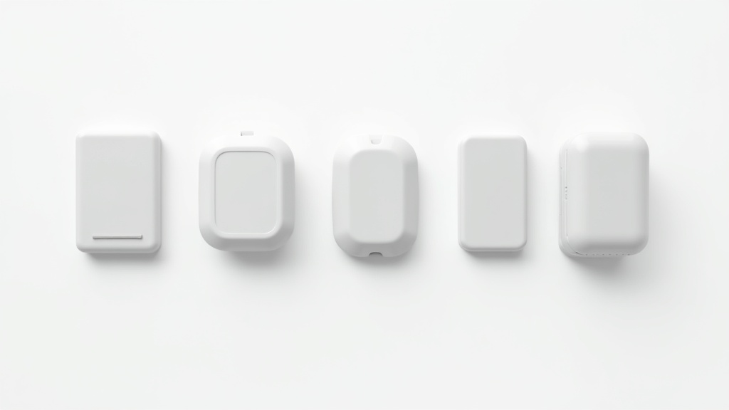 子ども向けGPS端末を複数並べて比較したフラットレイ写真。サイズや形状の違いが一目でわかる