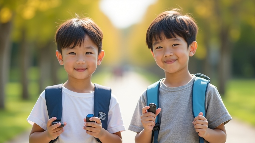 幼児と小学生が年齢に合ったサイズの異なるGPS端末を持ち比べている様子