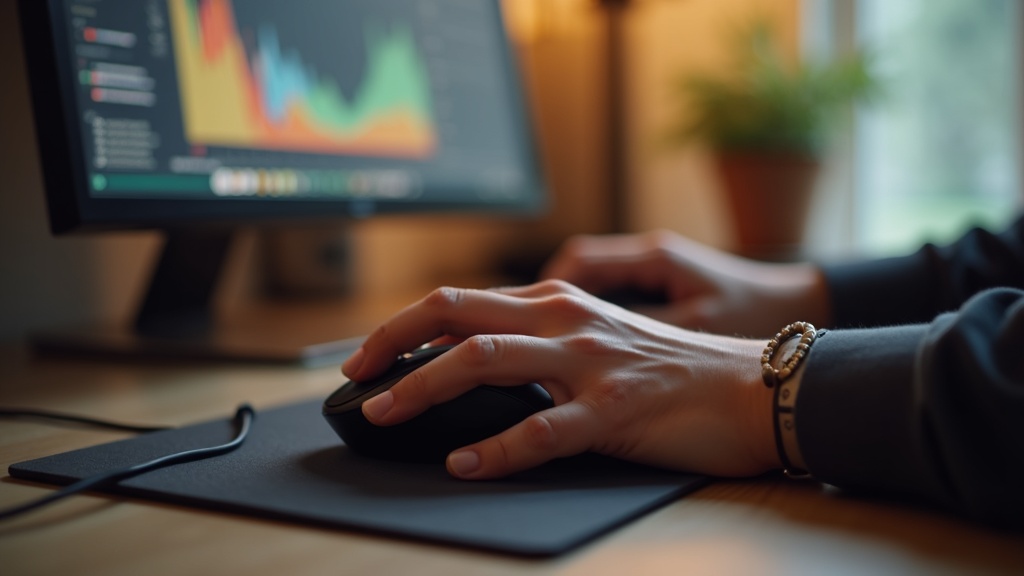 トラックボールマウスの操作に慣れようと集中してボールを転がすデスクワーカーの手元